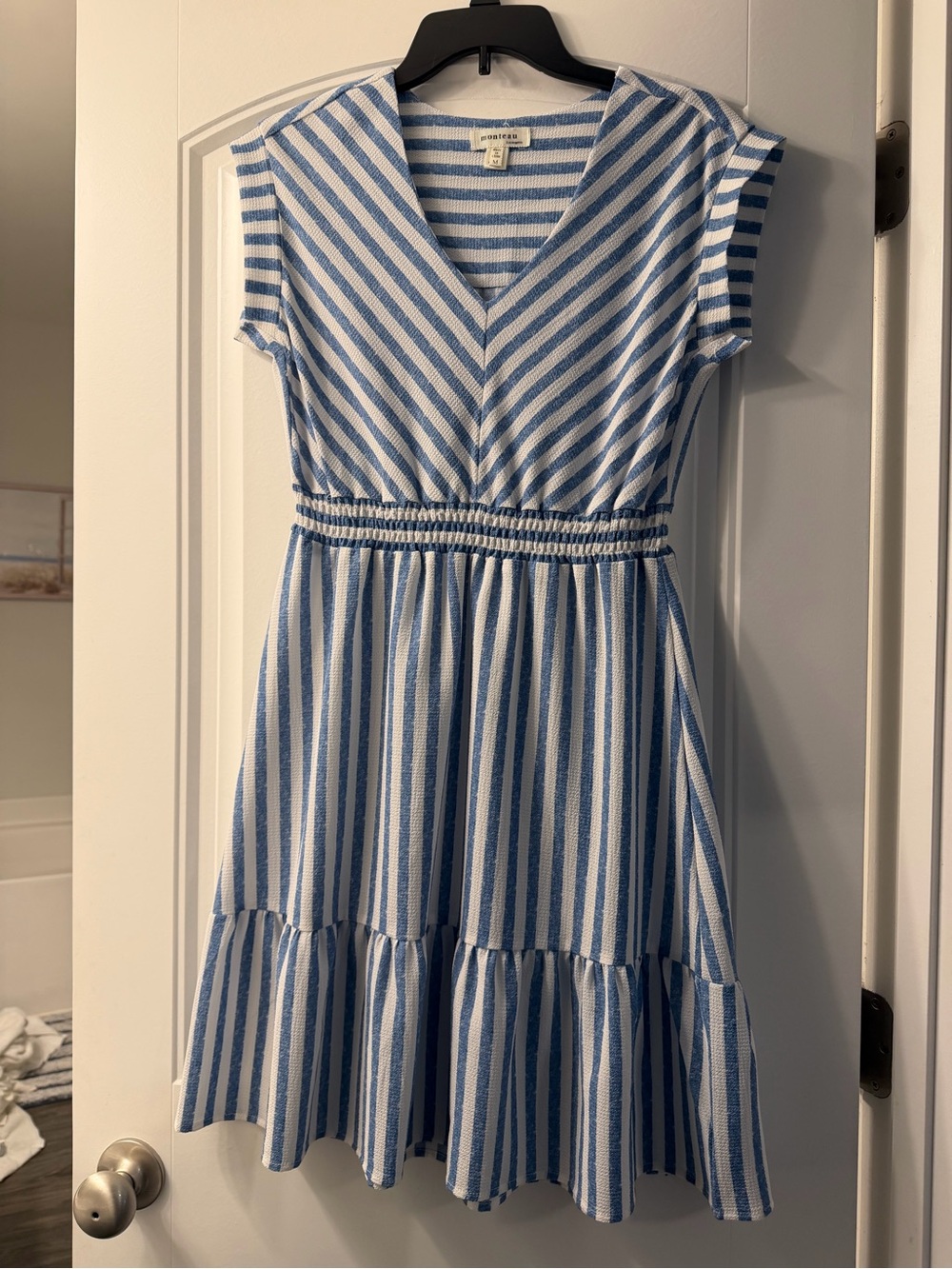 Monteau Blue and White Striped V-Neck Dress